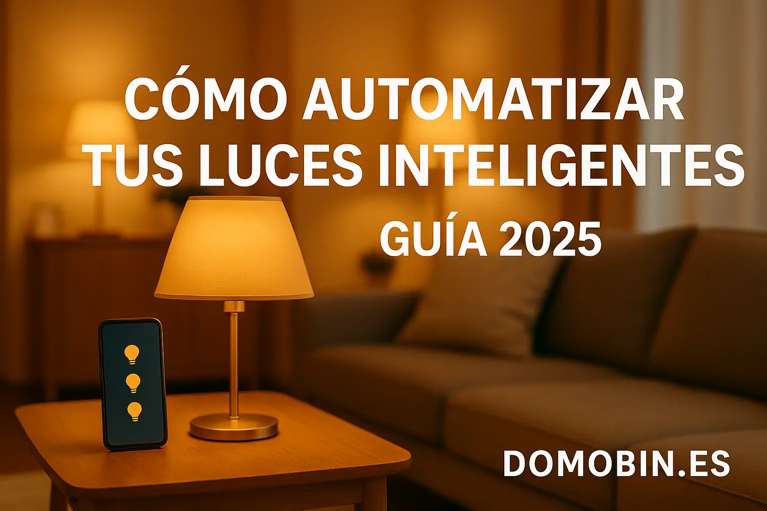 Salón cálido con lámpara y smartphone controlando luces inteligentes