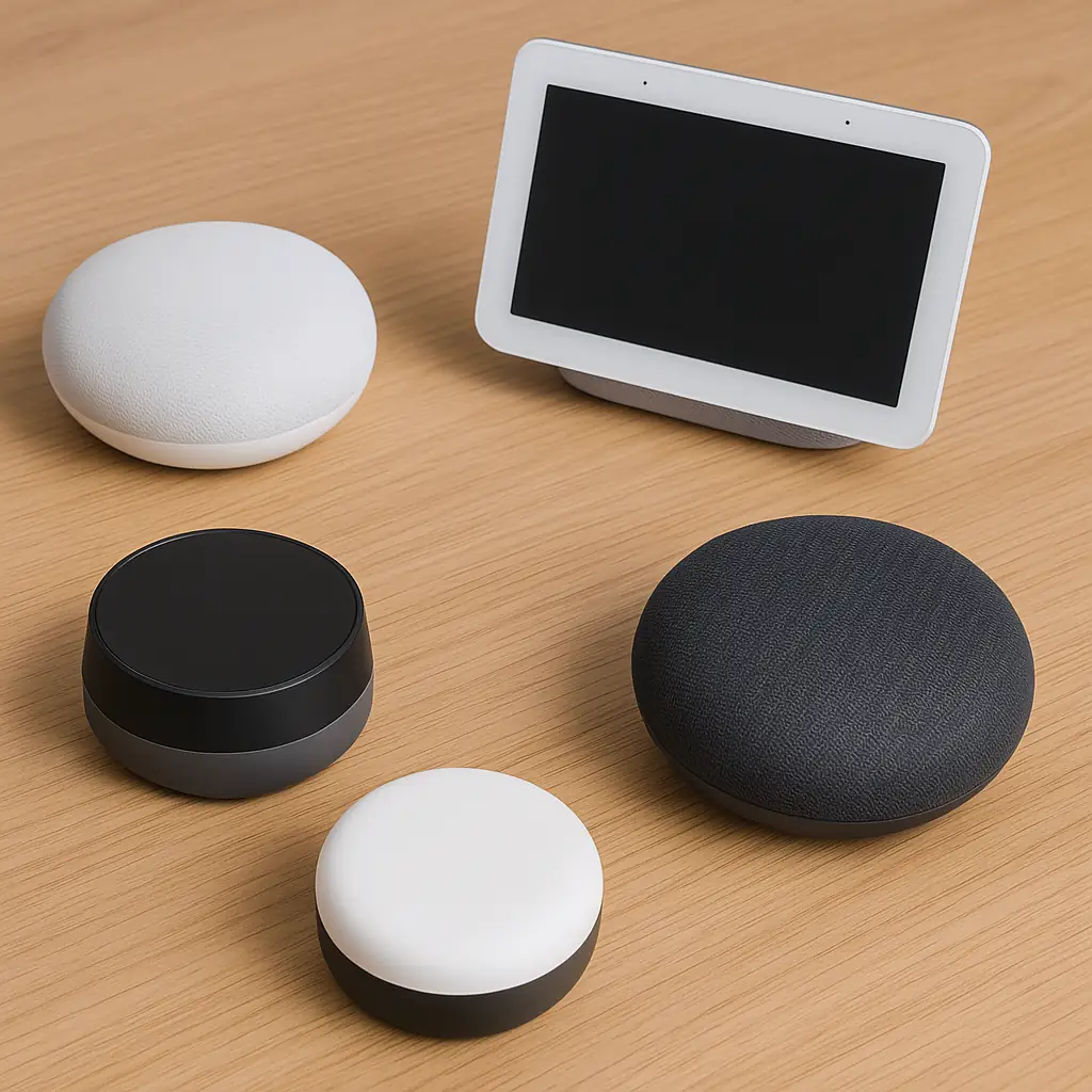 Varios hubs y altavoces inteligentes sobre una mesa de madera moderna