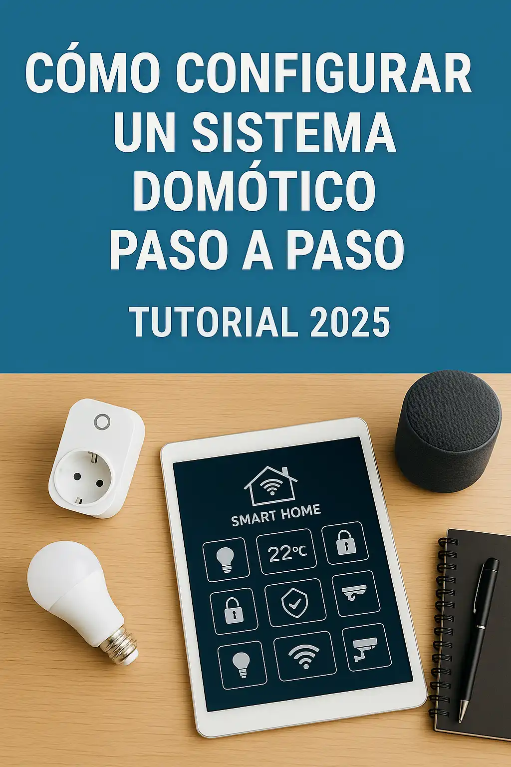 Imagen de un salón moderno con altavoz inteligente y bombilla conectada sobre una mesa, utilizada como portada para la categoría de tutoriales de domótica