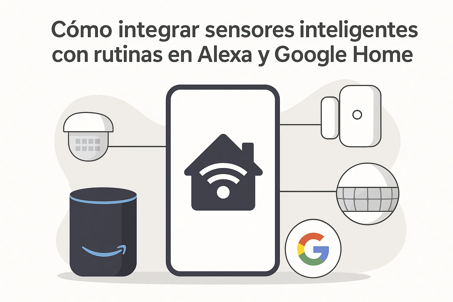 Ilustración de sensores inteligentes integrados con Alexa y Google Home